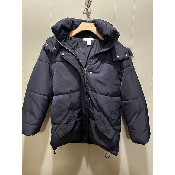H&M's Puffer Jacket Womens Sz 4 Navy Blue Faux Fur Trim Winter Snow Coat Zip Up - Picture 1 of 9